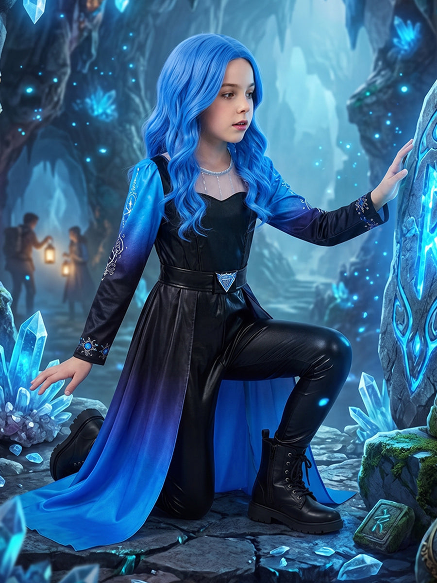 Halloween Costume Faux Leather Cosplay Jumpsuit Blue Ombre Cape - Image 4