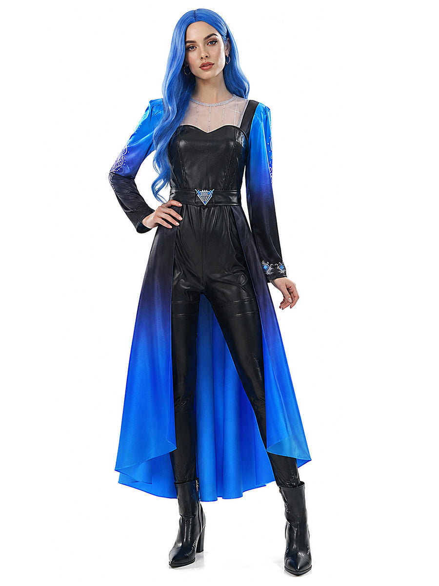 Halloween Costume Faux Leather Cosplay Jumpsuit Blue Ombre Cape - Image 6