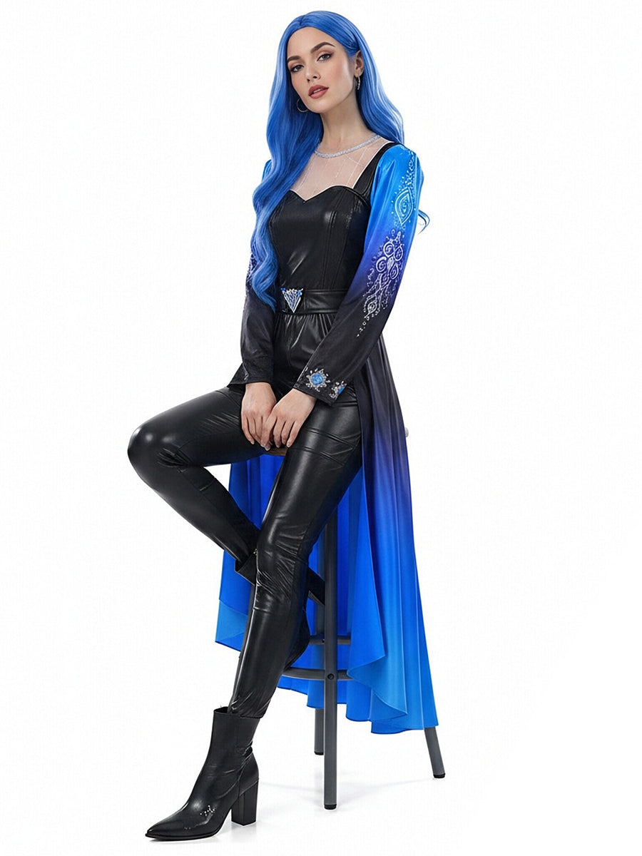 Halloween Costume Faux Leather Cosplay Jumpsuit Blue Ombre Cape - Image 7
