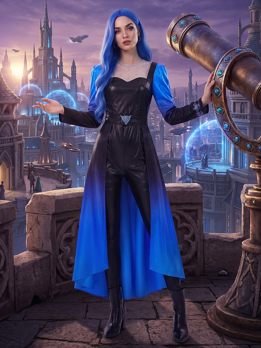 Halloween Costume Faux Leather Cosplay Jumpsuit Blue Ombre Cape - Image 9