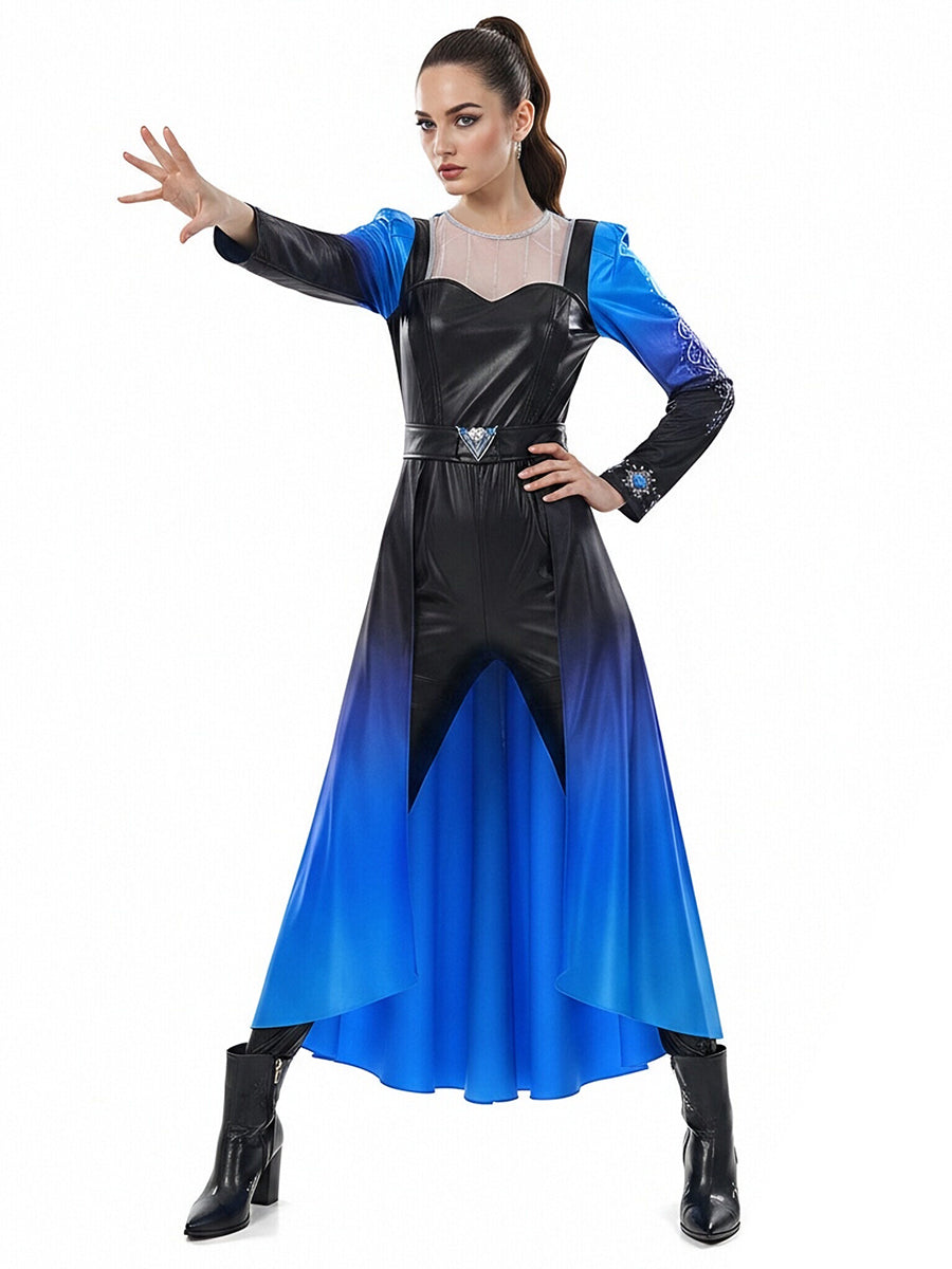 Halloween Costume Faux Leather Cosplay Jumpsuit Blue Ombre Cape - Image 10