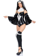 Womens Faux Leather Nun Bodysuit Costume - Image 3