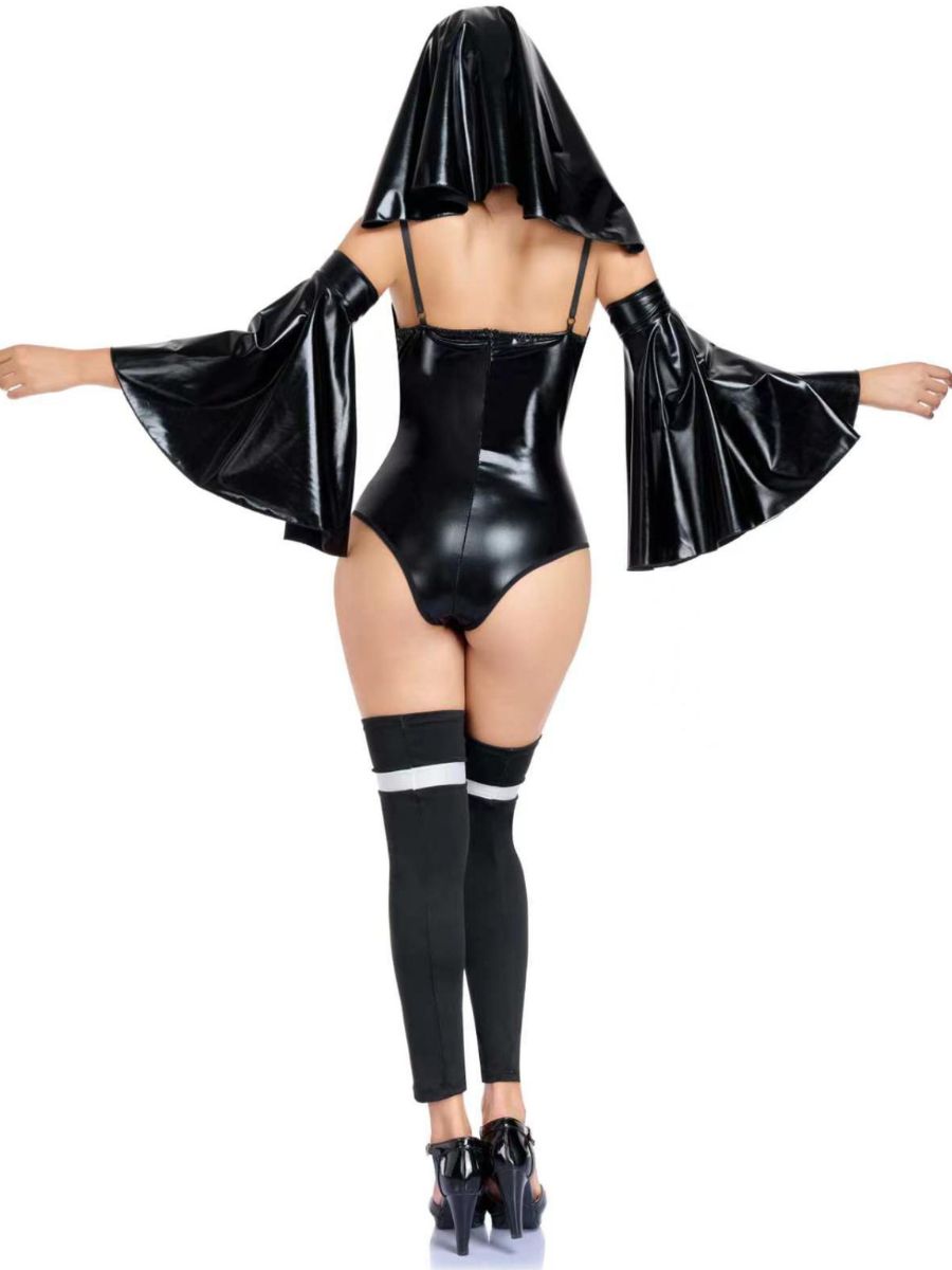 Womens Faux Leather Nun Bodysuit Costume - Image 4