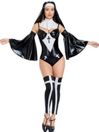 Womens Faux Leather Nun Bodysuit Costume