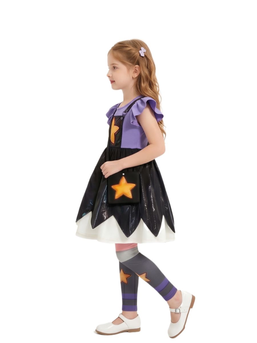 Girls Halloween Costume Purple Star Cosplay Dress Leggings Set - Image 2