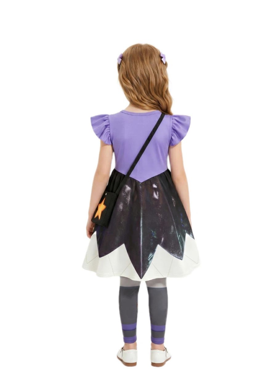 Girls Halloween Costume Purple Star Cosplay Dress Leggings Set - Image 3