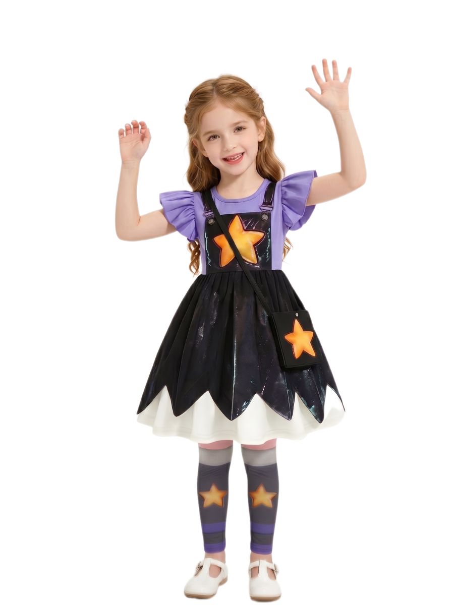 Girls Halloween Costume Purple Star Cosplay Dress Leggings Set - Image 5
