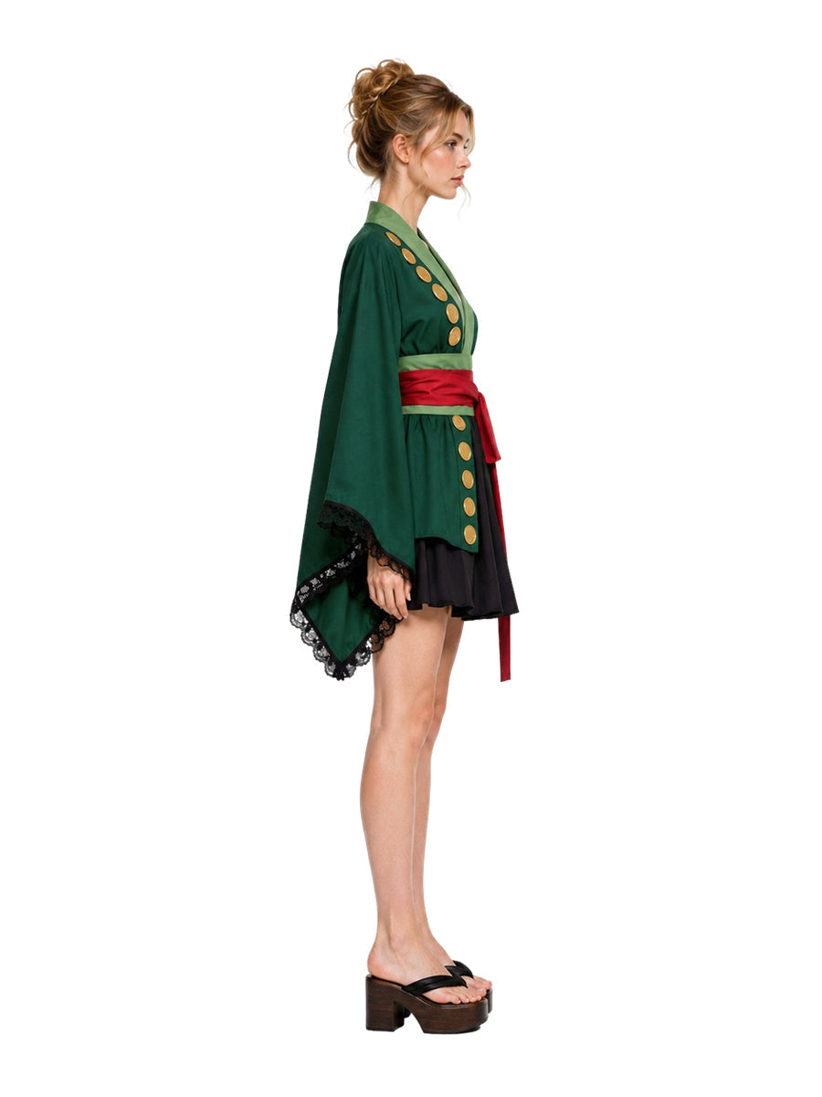 Green Kimono Cosplay Costume Womens Pleated Skirt Set - Image 2