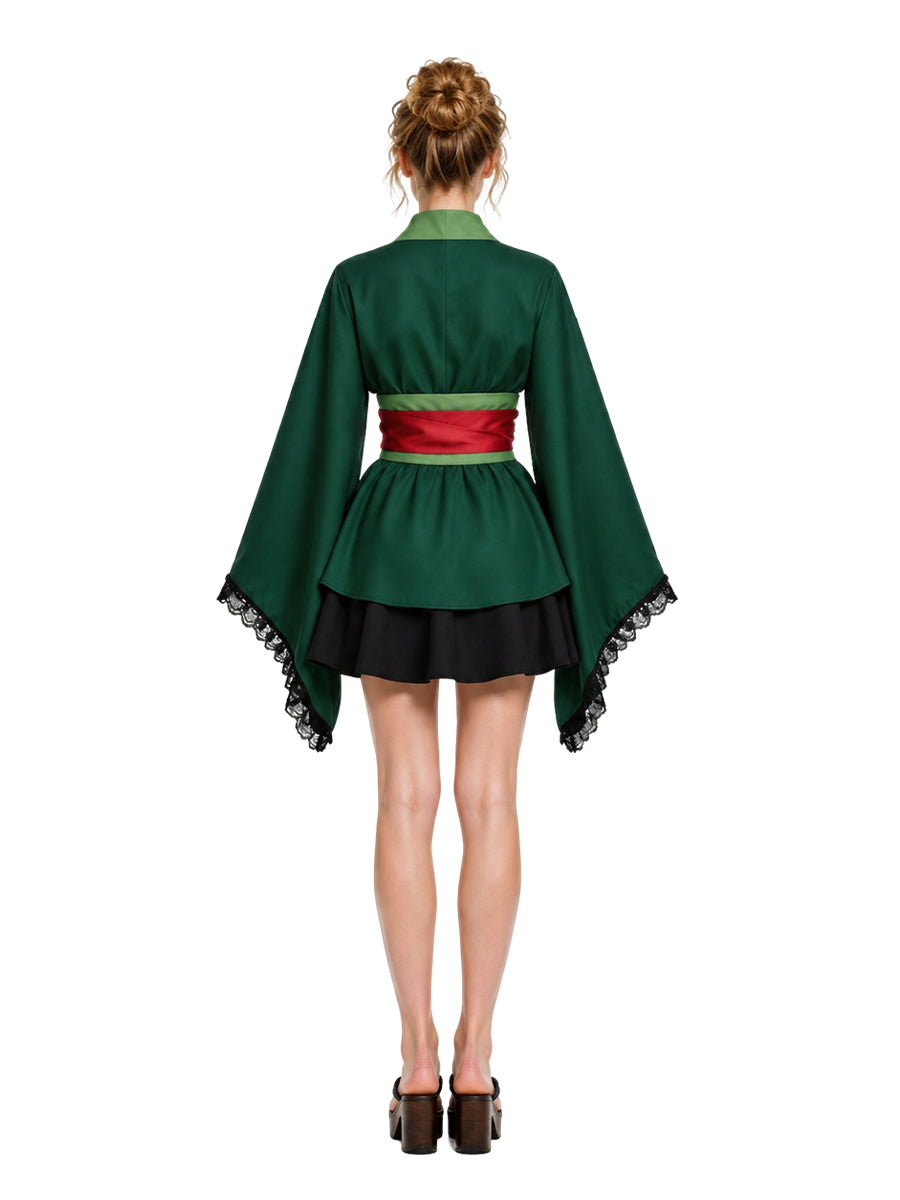 Green Kimono Cosplay Costume Womens Pleated Skirt Set - Image 3