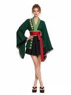 Green Kimono Cosplay Costume Womens Pleated Skirt Set - Image 4