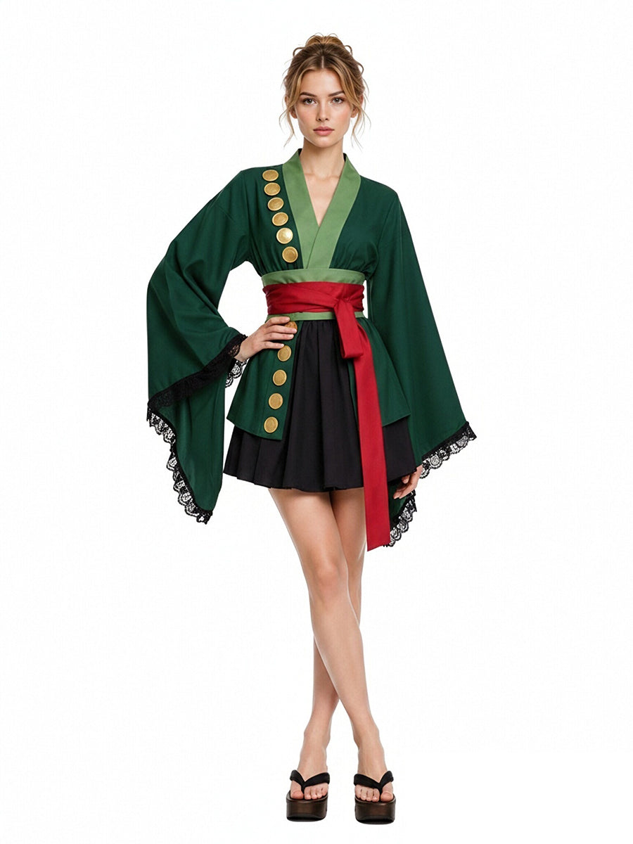 Green Kimono Cosplay Costume Womens Pleated Skirt Set - Image 4