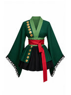 Green Kimono Cosplay Costume Womens Pleated Skirt Set - Image 5