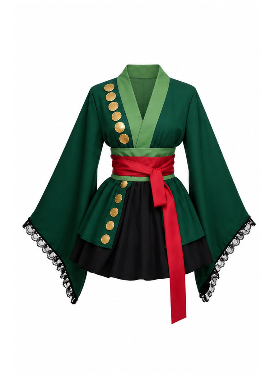 Green Kimono Cosplay Costume Womens Pleated Skirt Set - Image 5