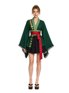 Green Kimono Cosplay Costume Womens Pleated Skirt Set