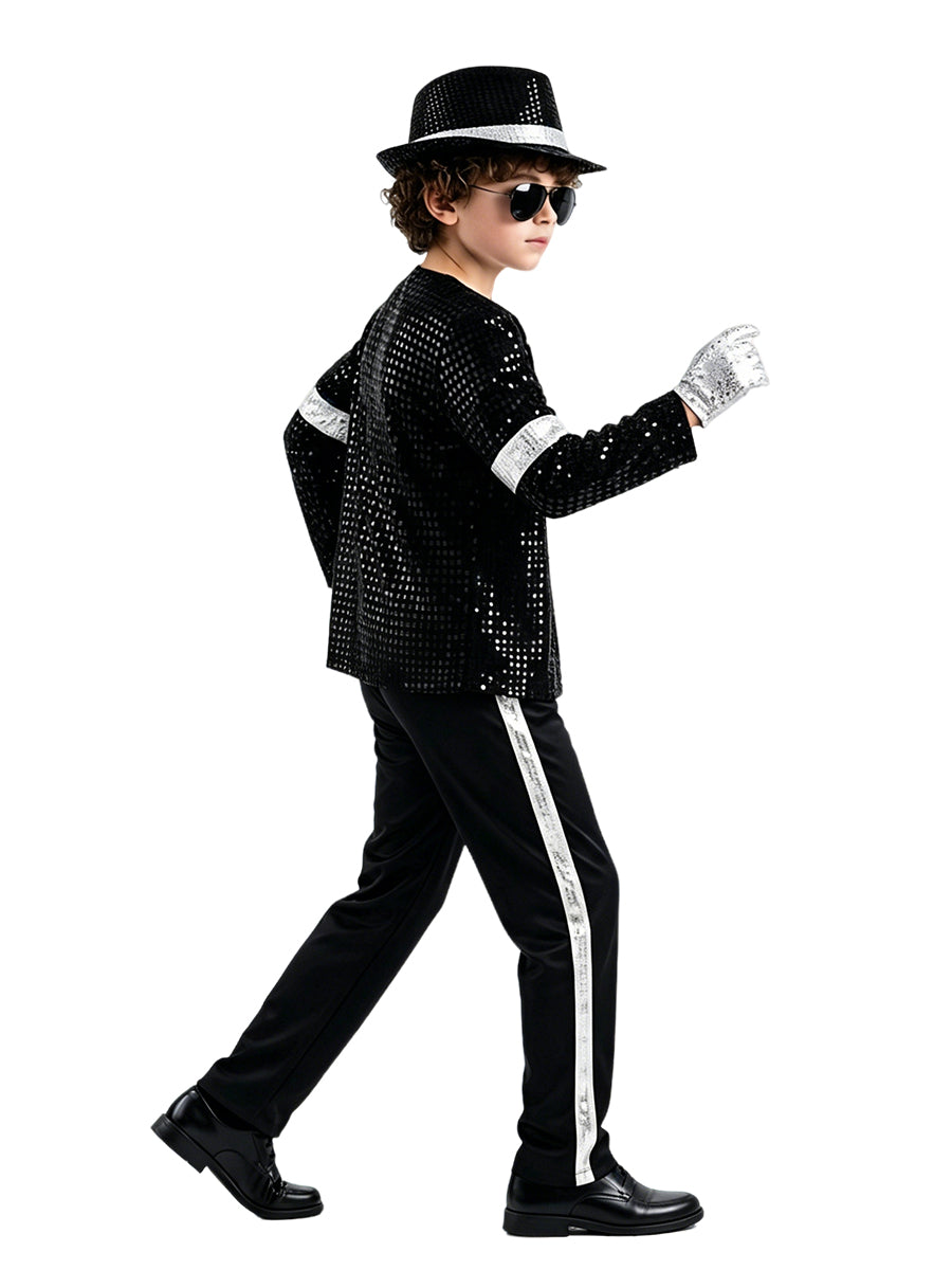 Kids Sequin Pop Star Costume Black 80s Stage Outfit Set - Image 3