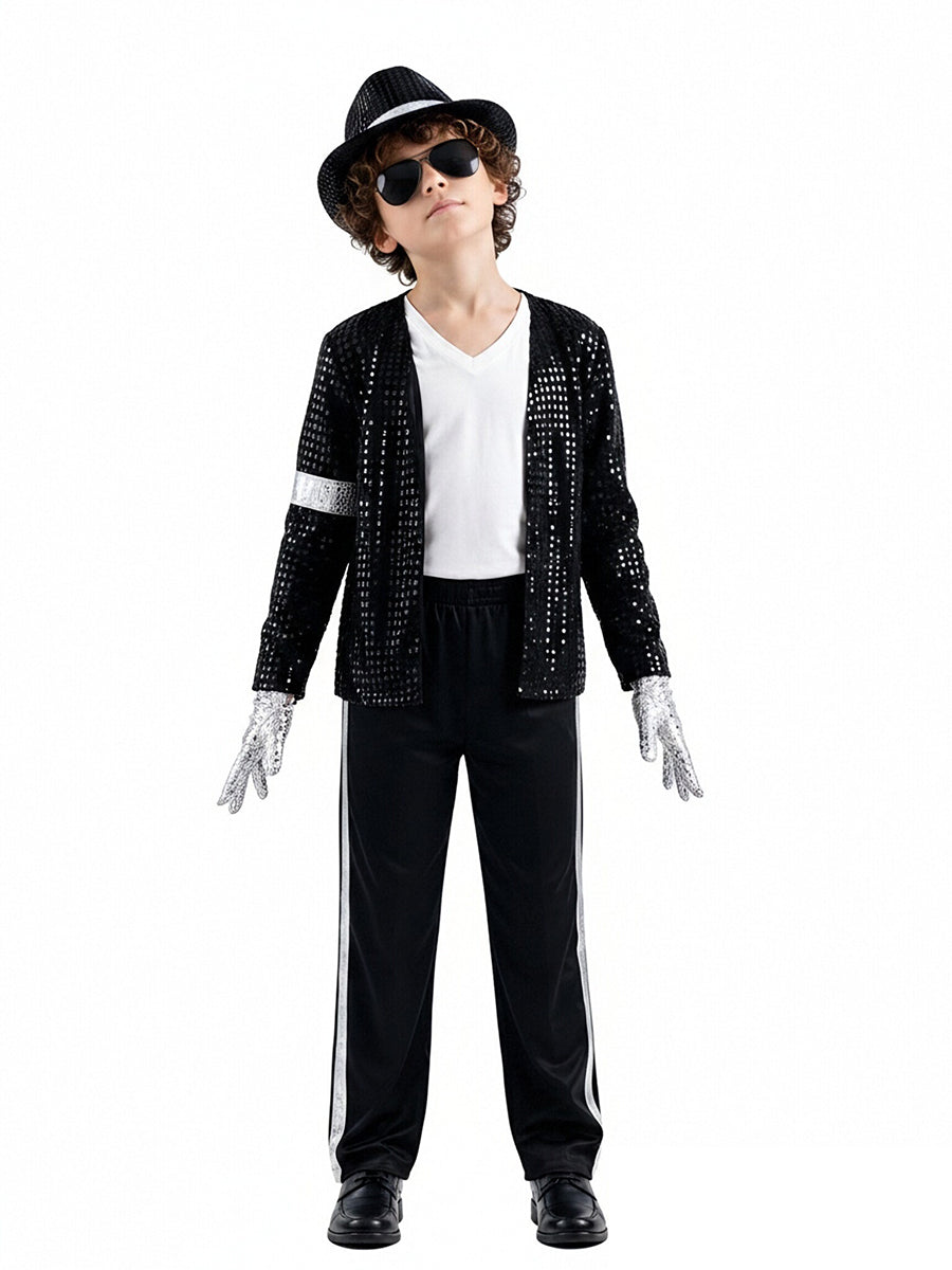 Kids Sequin Pop Star Costume Black 80s Stage Outfit Set - Image 4