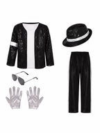 Kids Sequin Pop Star Costume Black 80s Stage Outfit Set - Image 5