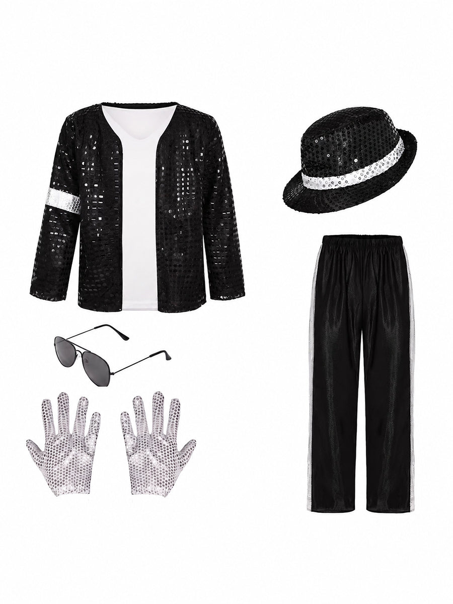 Kids Sequin Pop Star Costume Black 80s Stage Outfit Set - Image 5