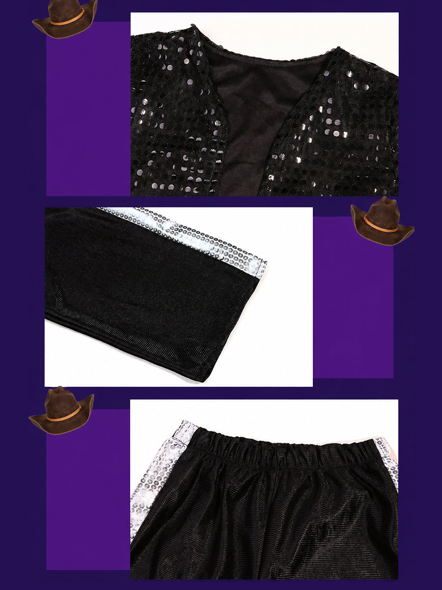 Kids Sequin Pop Star Costume Black 80s Stage Outfit Set - Image 6