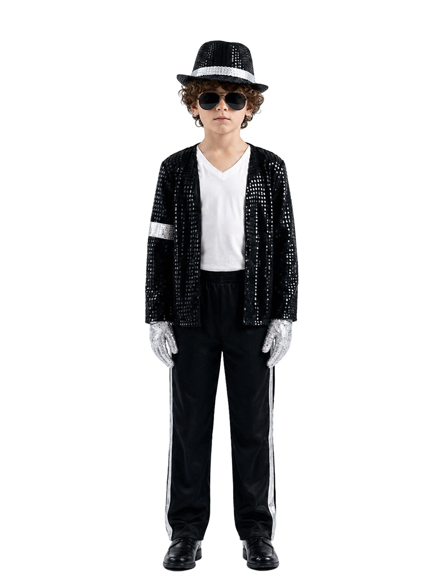 Kids Sequin Pop Star Costume Black 80s Stage Outfit Set