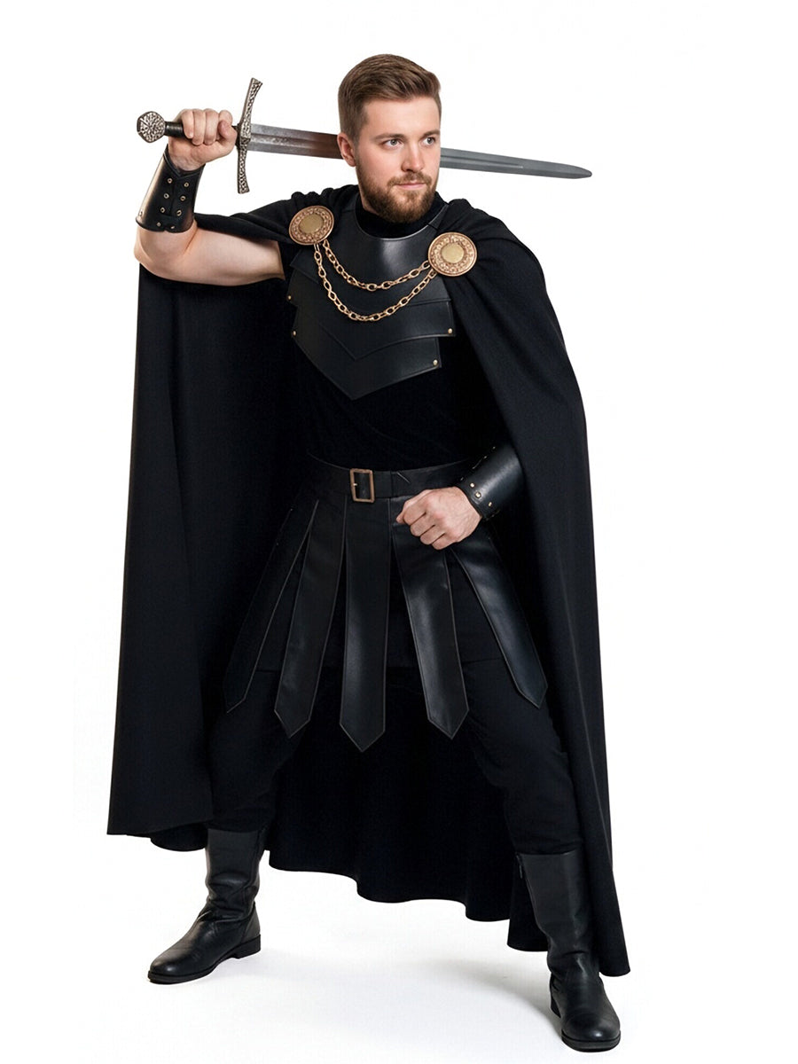 Medieval Warrior Armor Costume Black Faux Leather Cape Set - Image 7