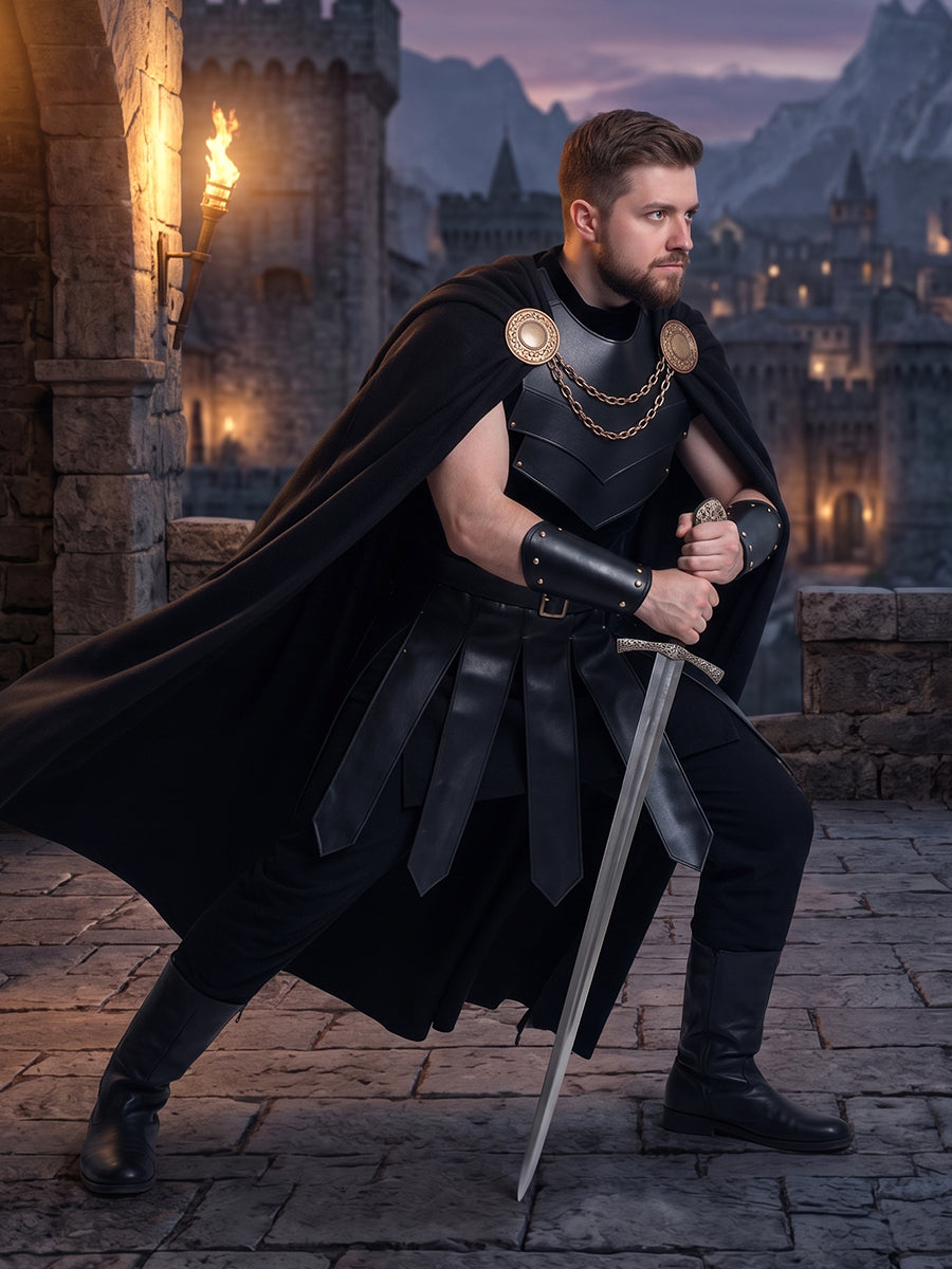 Medieval Warrior Armor Costume Black Faux Leather Cape Set - Image 10