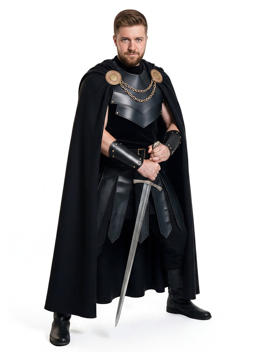 Medieval Warrior Armor Costume Black Faux Leather Cape Set - Image 6