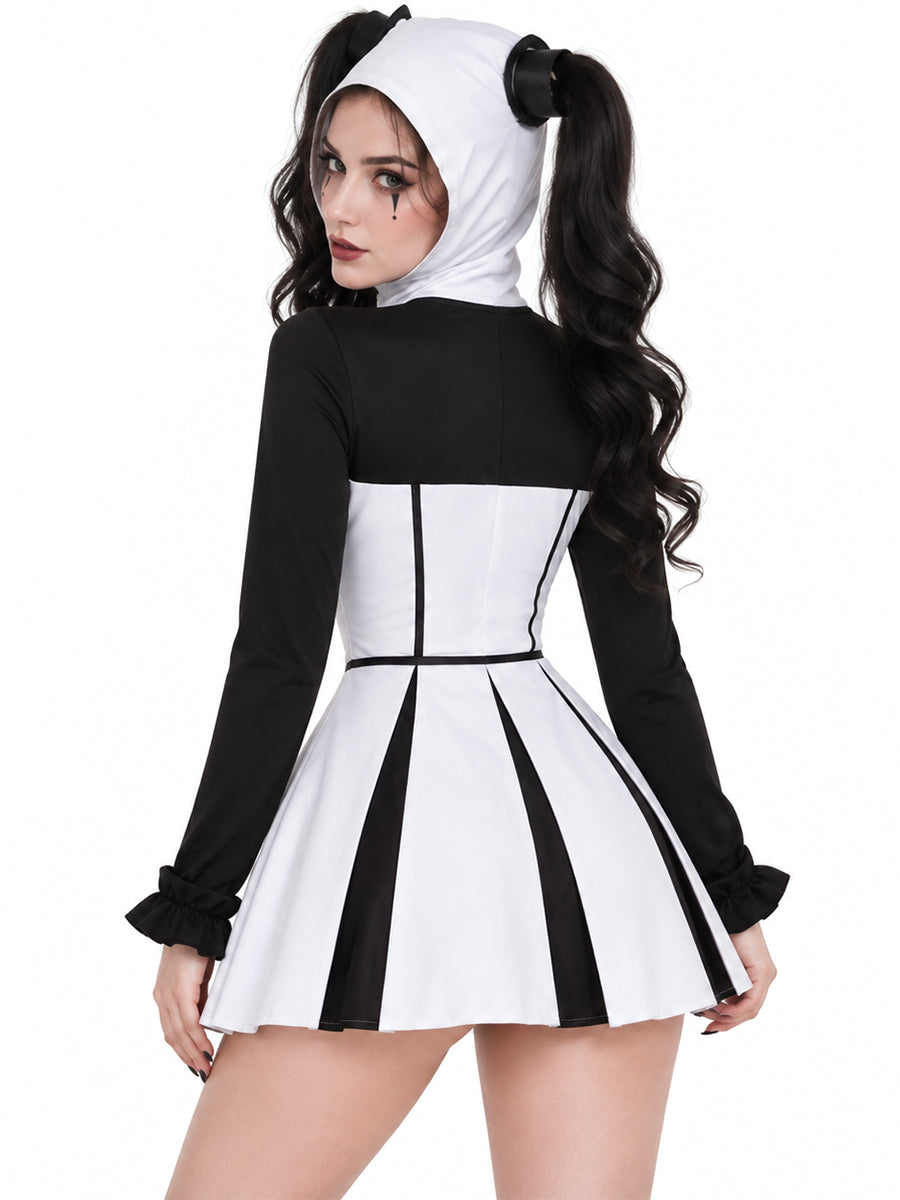 Clown Costume Womens Pierrot Jester Mini Dress Cowl Hood - Image 3