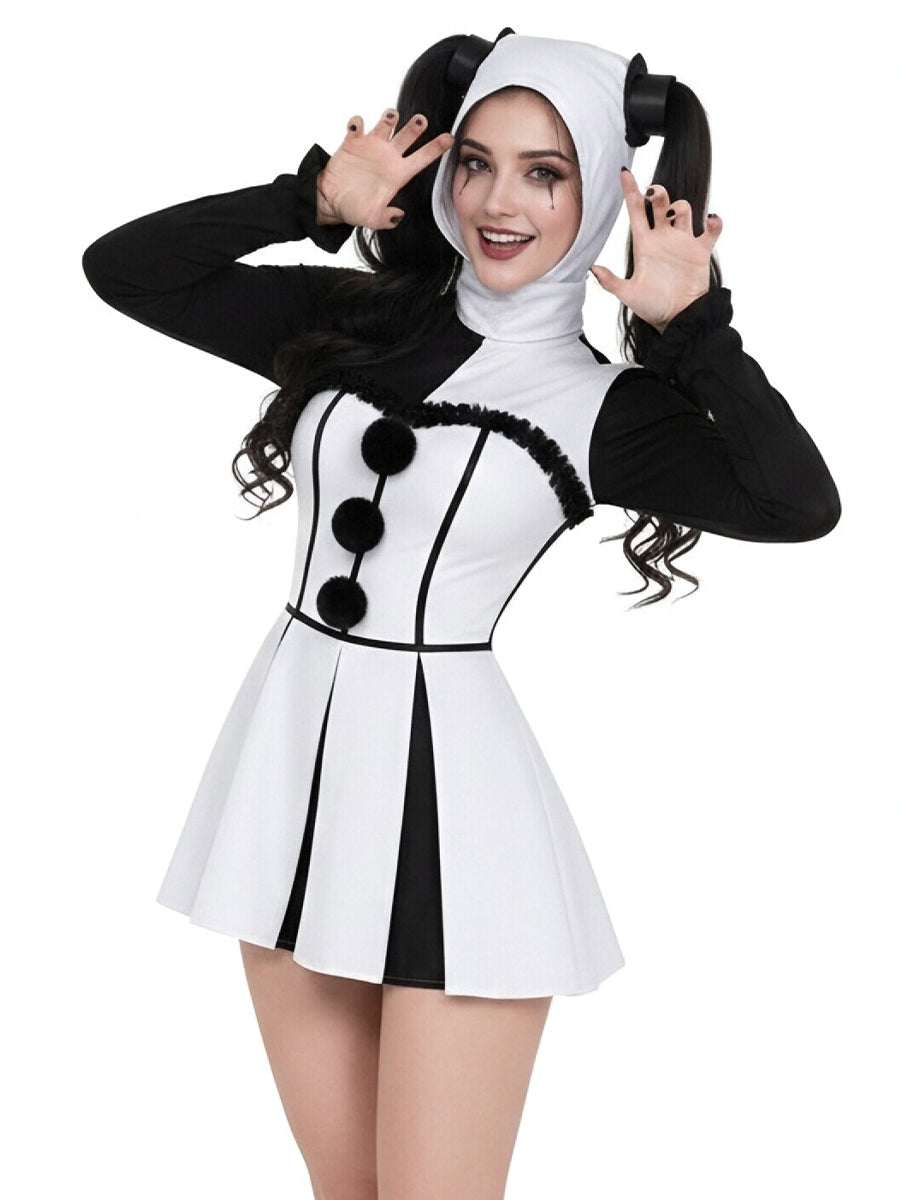 Clown Costume Womens Pierrot Jester Mini Dress Cowl Hood - Image 4
