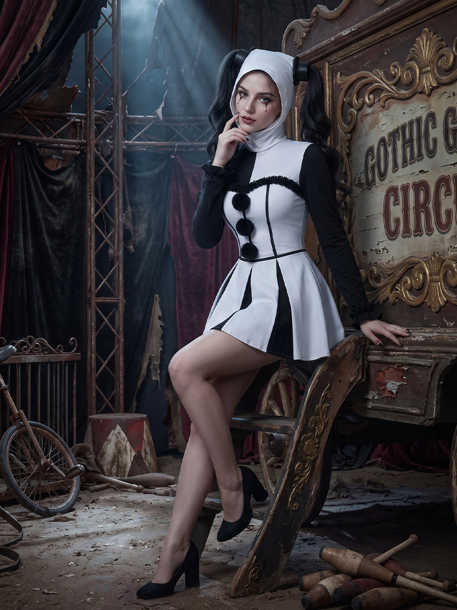 Clown Costume Womens Pierrot Jester Mini Dress Cowl Hood - Image 6