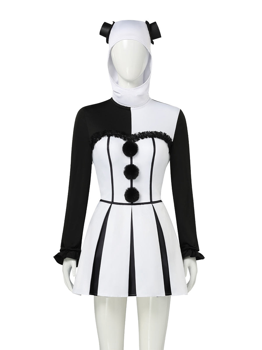 Clown Costume Womens Pierrot Jester Mini Dress Cowl Hood - Image 10