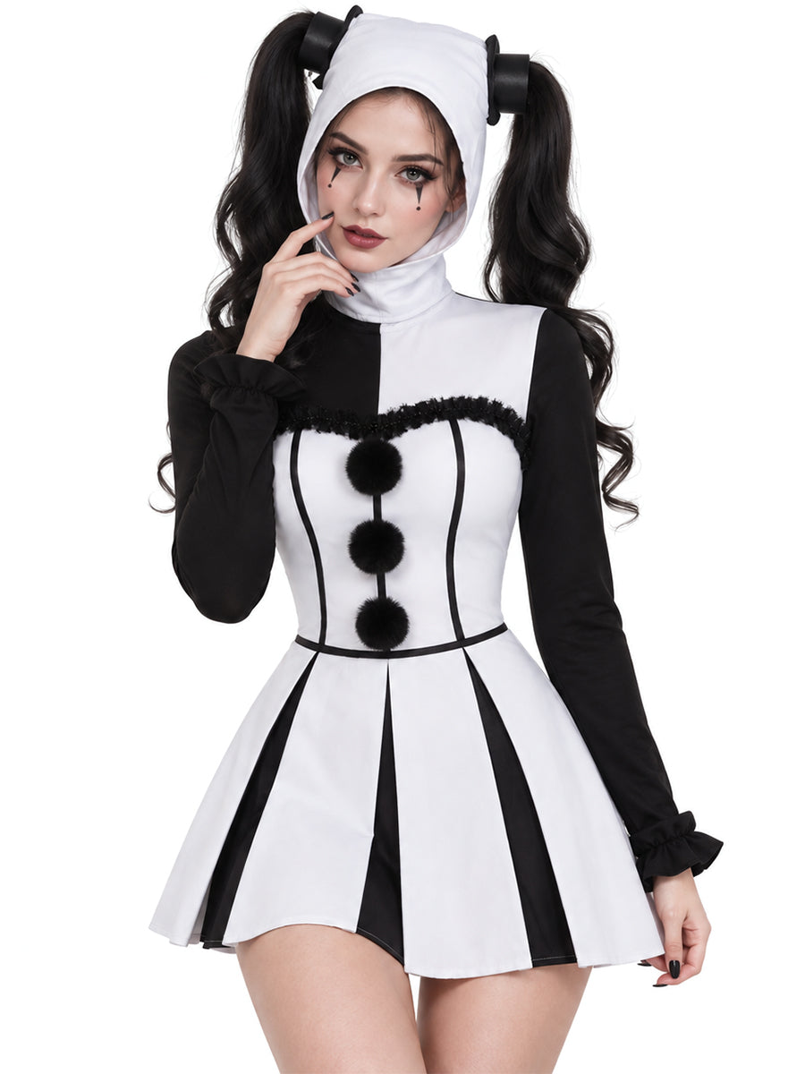 Clown Costume Womens Pierrot Jester Mini Dress Cowl Hood
