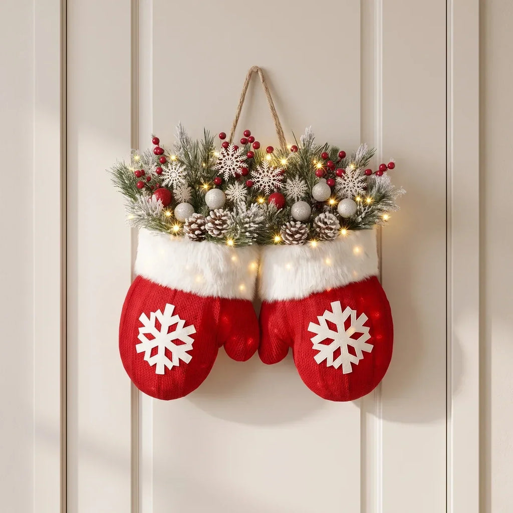 Mitten Shaped Christmas Door Hanger Warm White LED