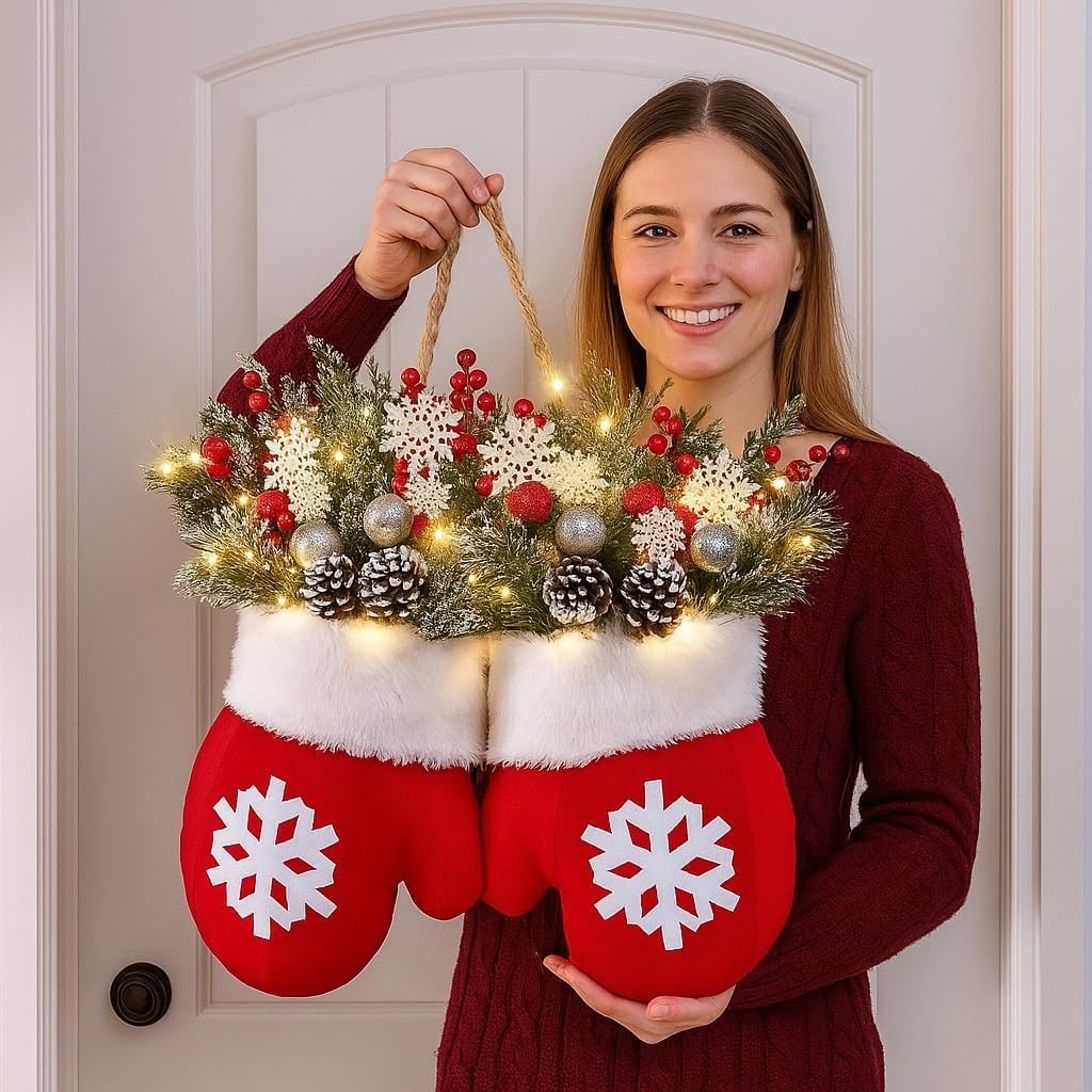 Mitten Shaped Christmas Door Hanger Warm White LED - Image 2