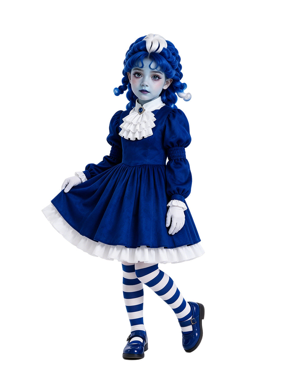 Halloween Costume Royal Blue Gothic Puppet Dress Ruff Collar - Image 2