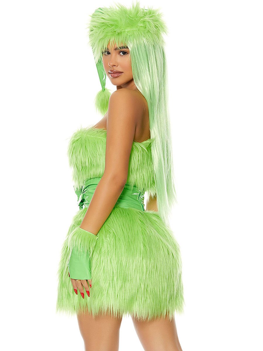 Mini Dress Green Monster Strapless Faux Fur Christmas Costume - Image 2