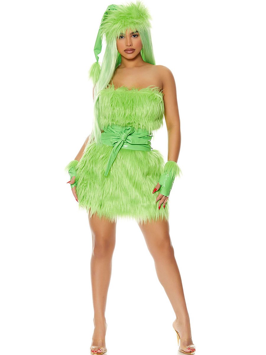 Mini Dress Green Monster Strapless Faux Fur Christmas Costume - Image 3