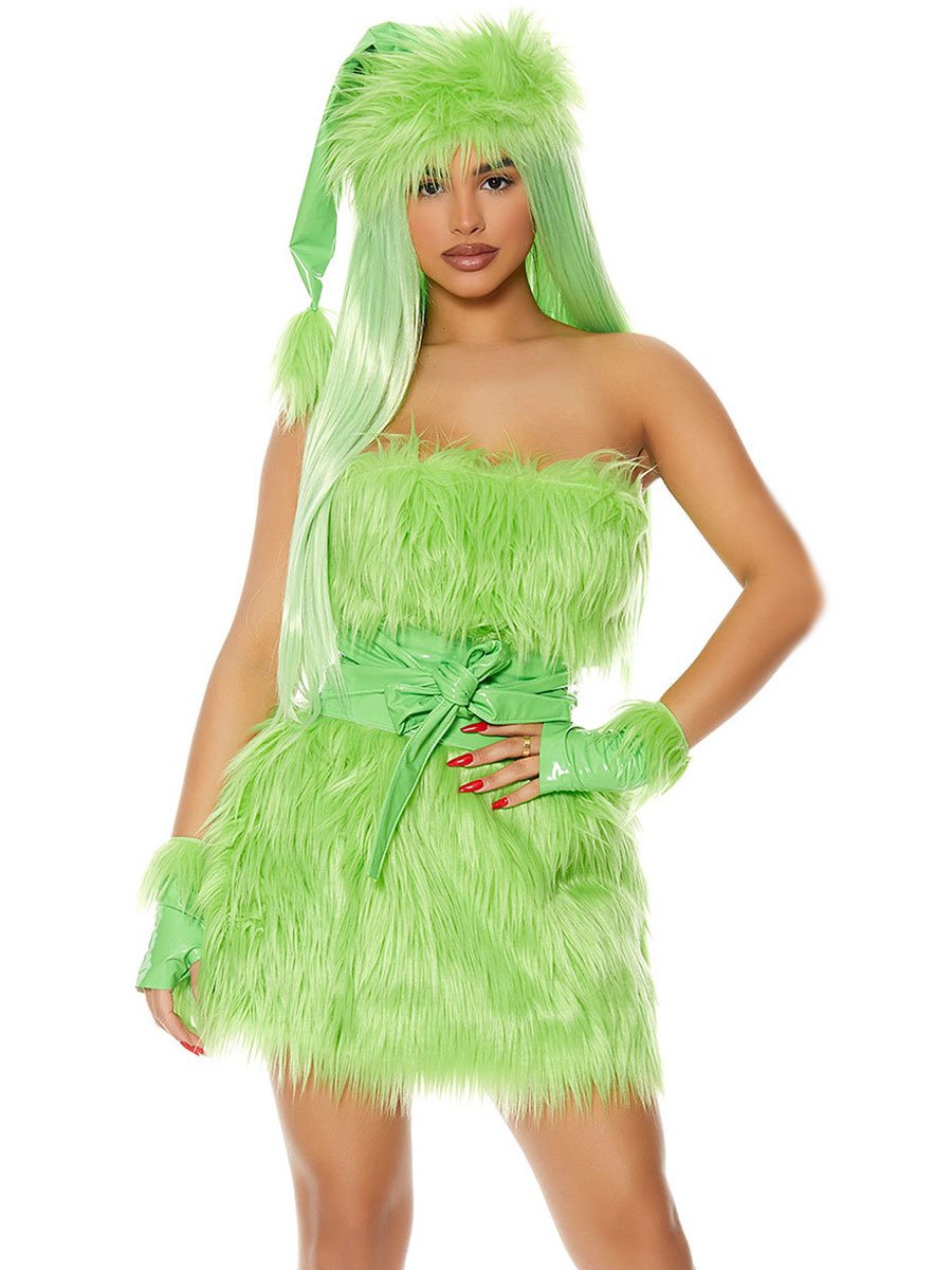 Mini Dress Green Monster Strapless Faux Fur Christmas Costume