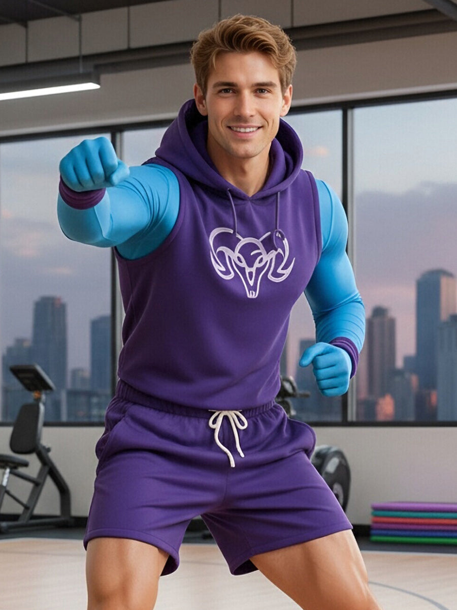 Cosplay Costume Mens Purple Skull Villain Hooded Vest Shorts Set - Image 5