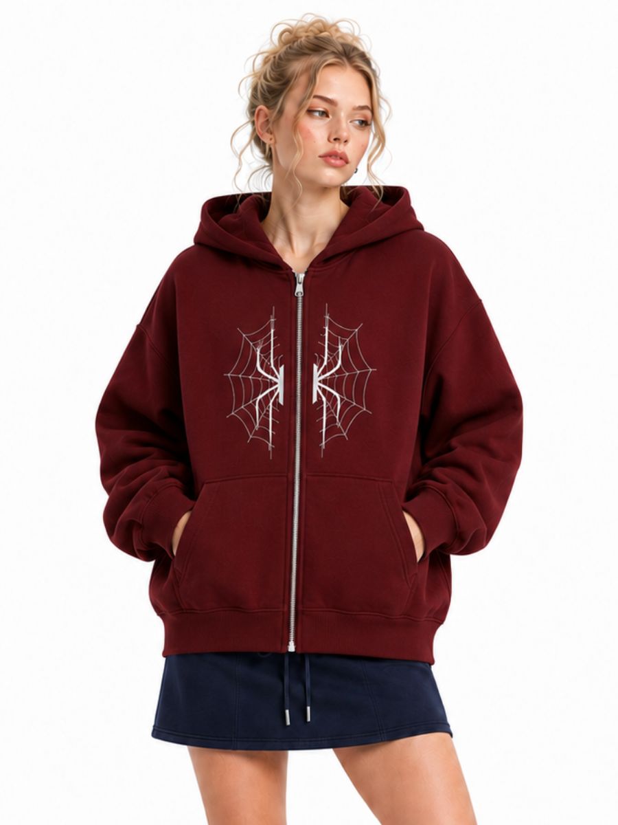 Womens Zip Up Hoodie Spider Web Graphic