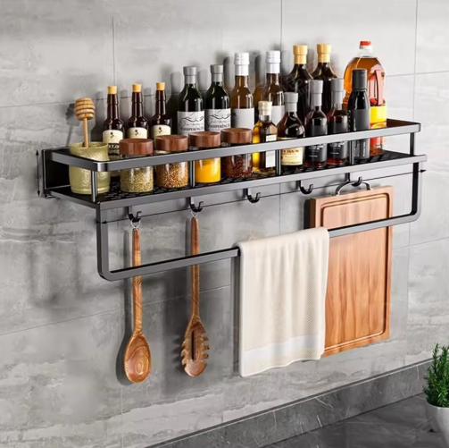 Kitchen Storage Shelf Wall-Mounted Organizer with Towel Holder - Image 3