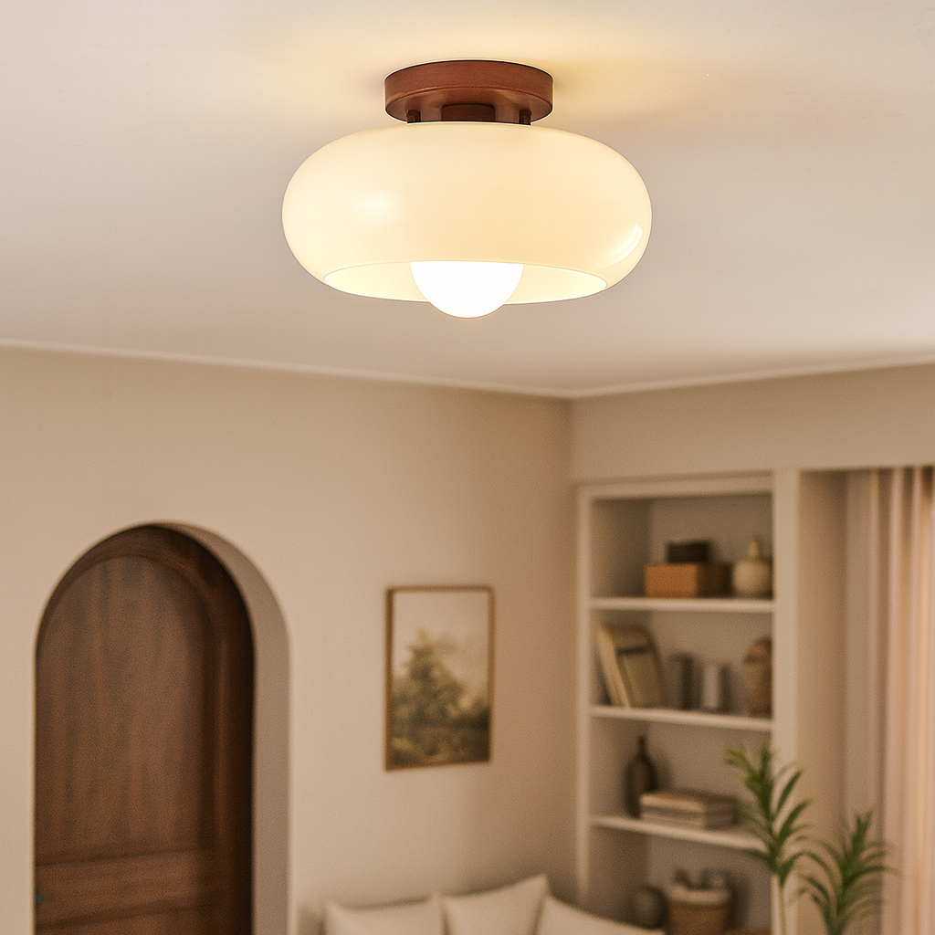 Round Cream Glass Flush Mount Ceiling Light Warm White LED