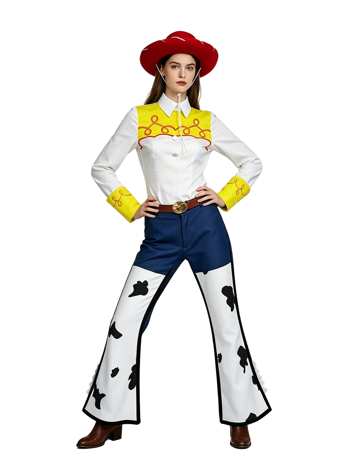 Western Cowgirl Costume 4 Piece Cow Print Set Red Hat - Image 5