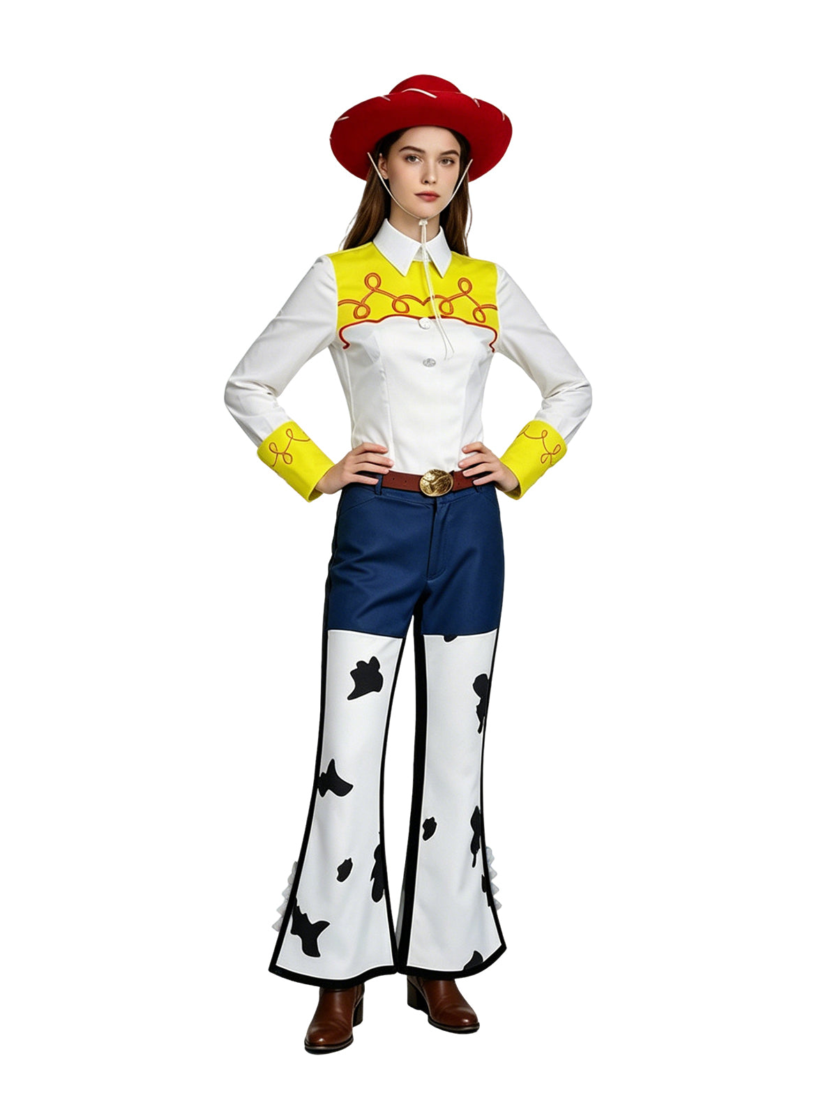 Western Cowgirl Costume 4 Piece Cow Print Set Red Hat - Image 8