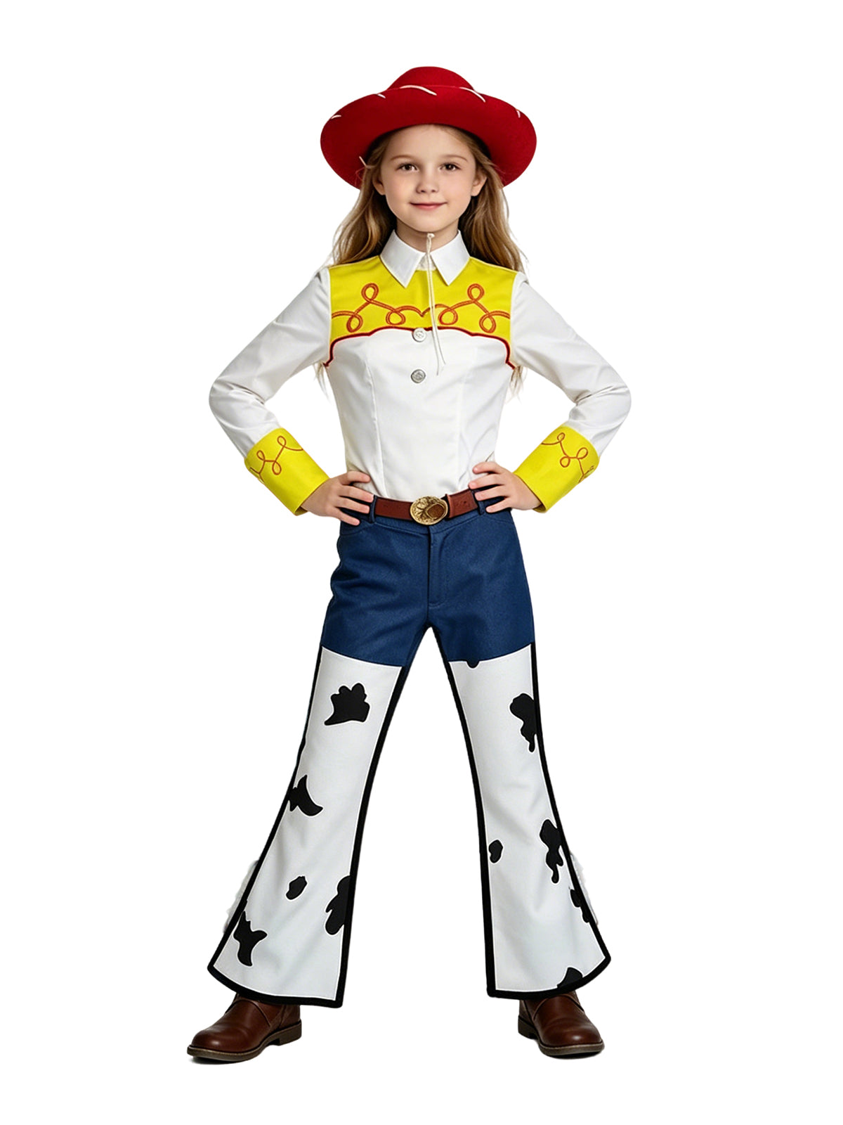 Western Cowgirl Costume 4 Piece Cow Print Set Red Hat
